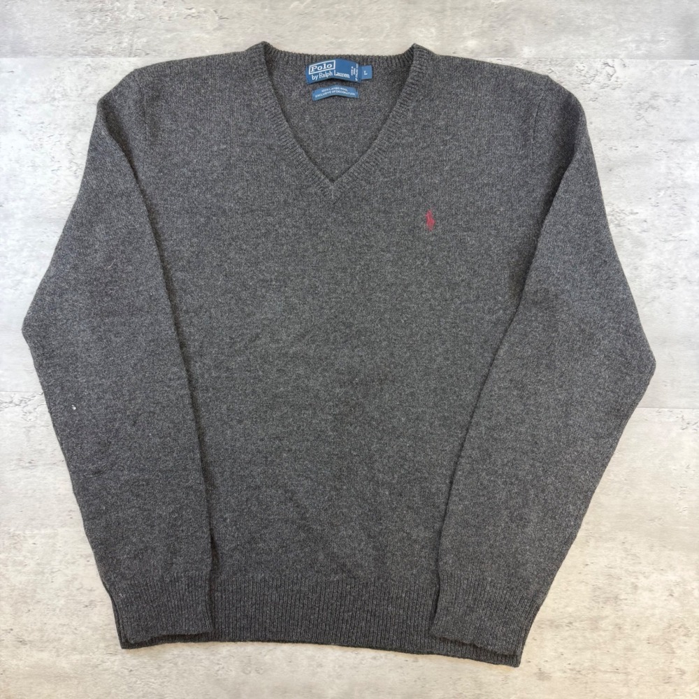 Polo Ralph Lauren Mens Large Charcoal Gray Lambswool V-Neck Sweater Pony Logo